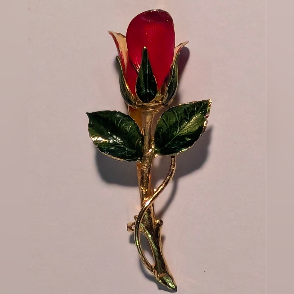 Red & Green Enameled Gold Tone Rose Brooch